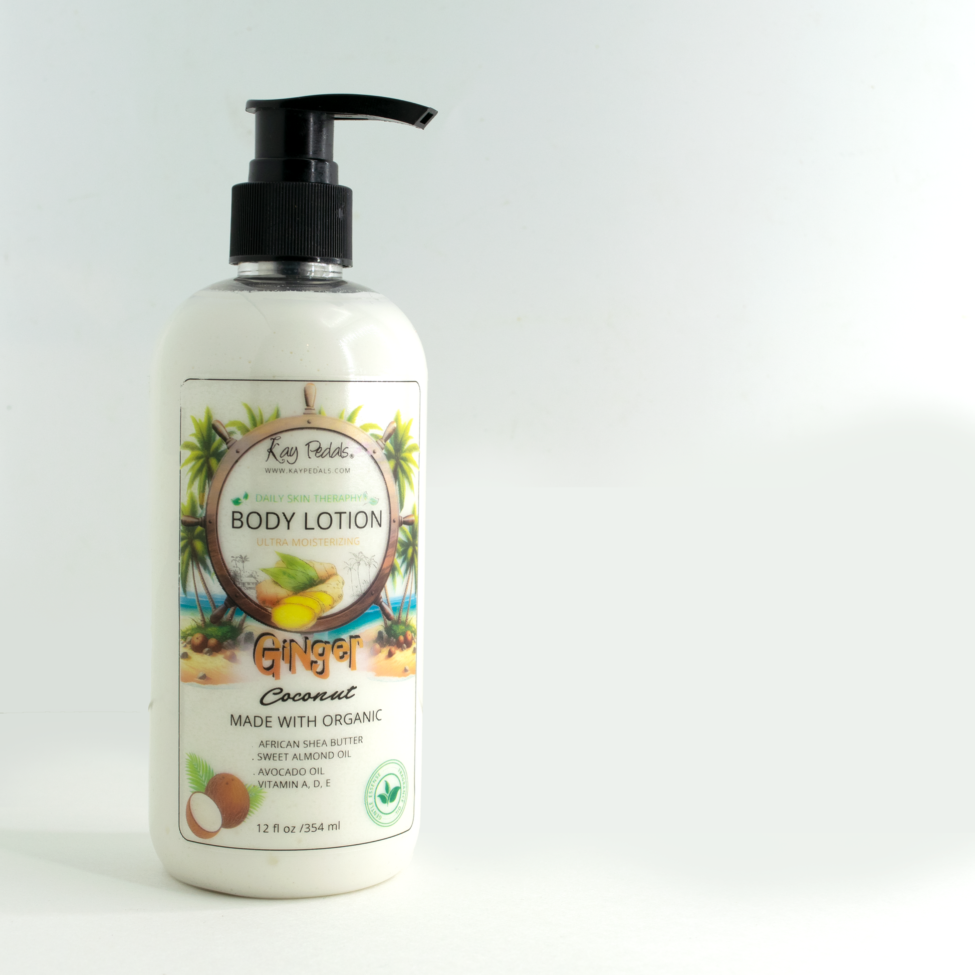 Ginger Coconut Nourishing Body Lotion bottle with pump, organic ingredients for sensitive skin hydration