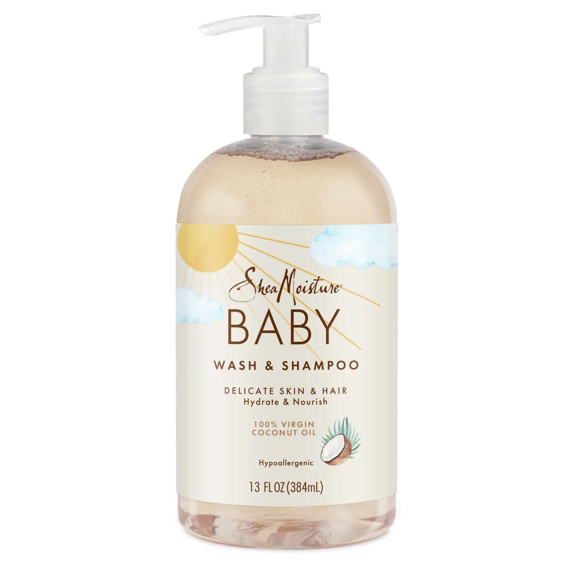 Bottle of SheaMoisture Coconut Baby Wash & Shampoo with pump dispenser for gentle cleansing and hydration