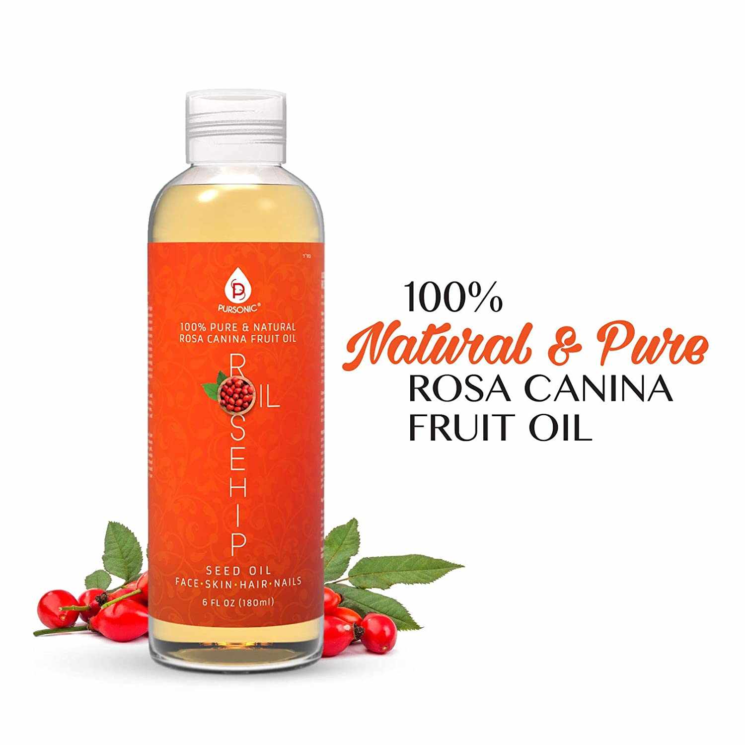 Bottle of 100% natural pure rosehip seed oil for face, skin, hair, and nails with rosehip berries on white background