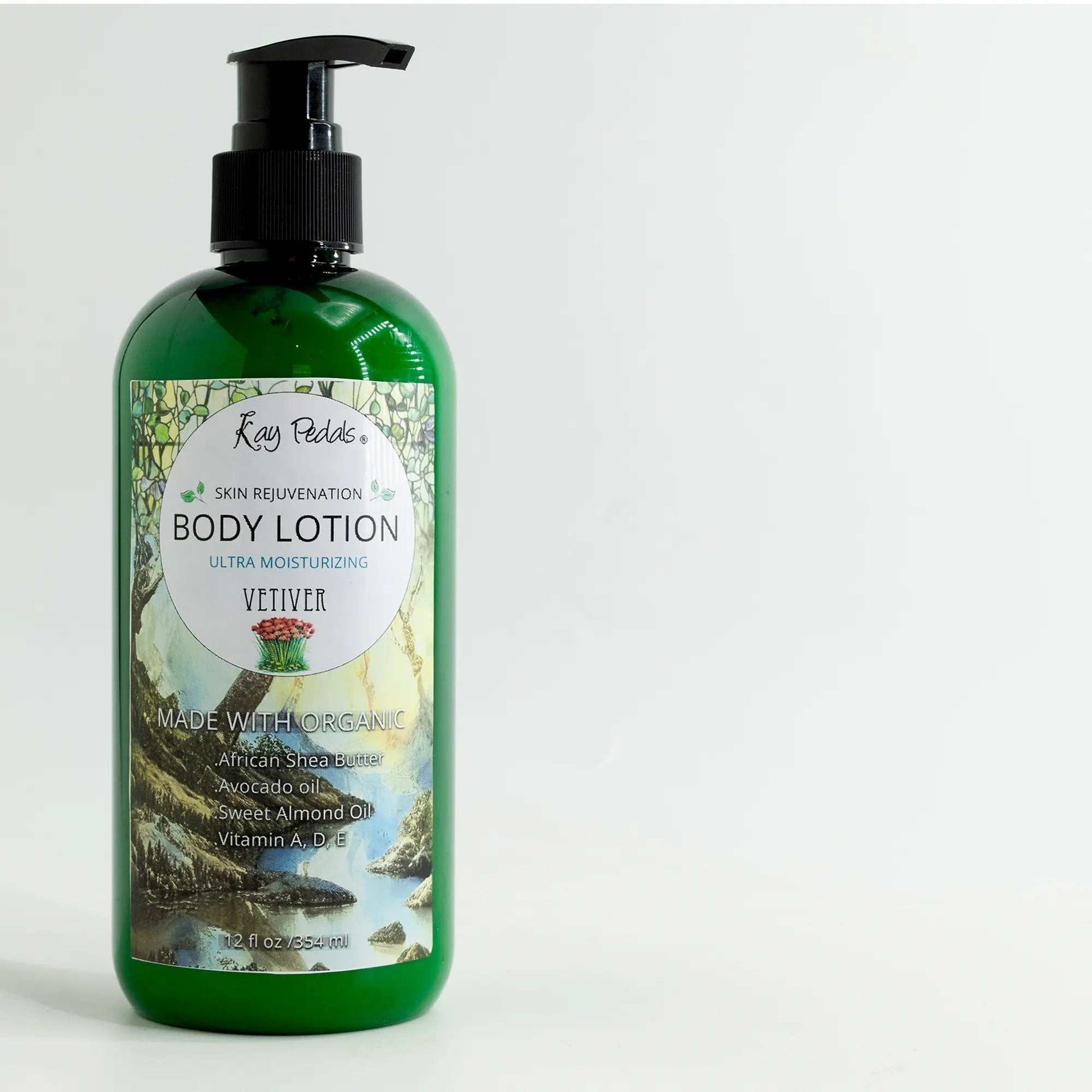Vetiver body lotion with organic shea butter in green pump bottle for moisturizing and refreshing skin