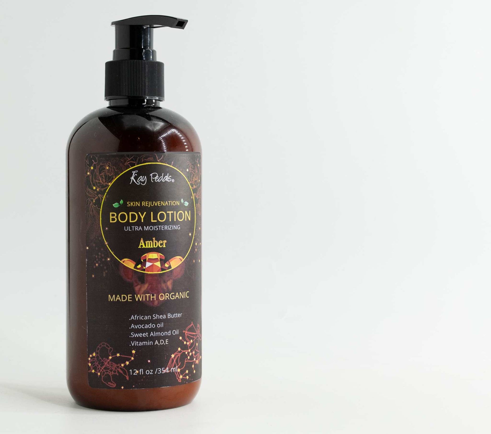Amber Bliss organic shea and almond body lotion with rich hydration and warm amber scent in a pump bottle