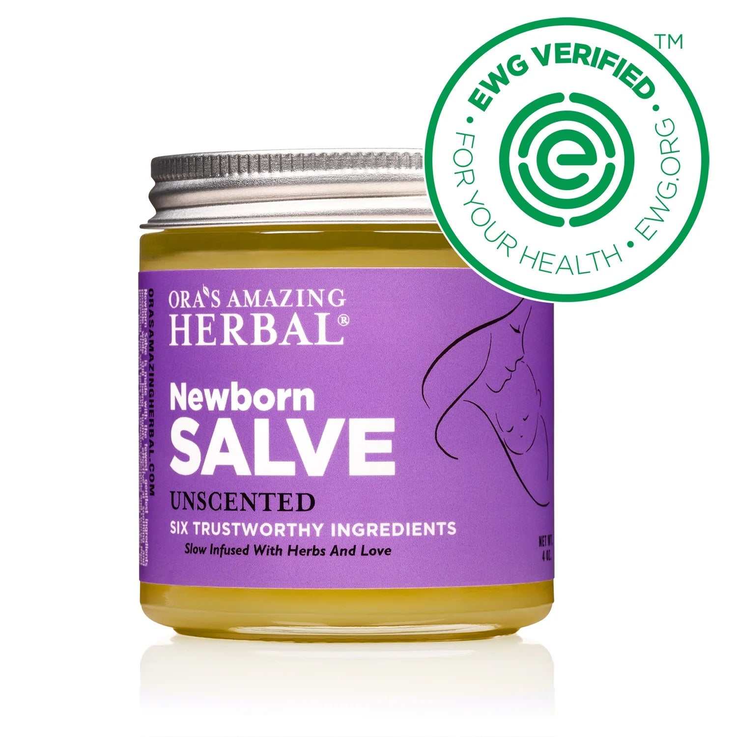 Container of Ora's Amazing Herbal Newborn Salve, an unscented organic baby balm for eczema and diaper rash, with EWG Verified seal.