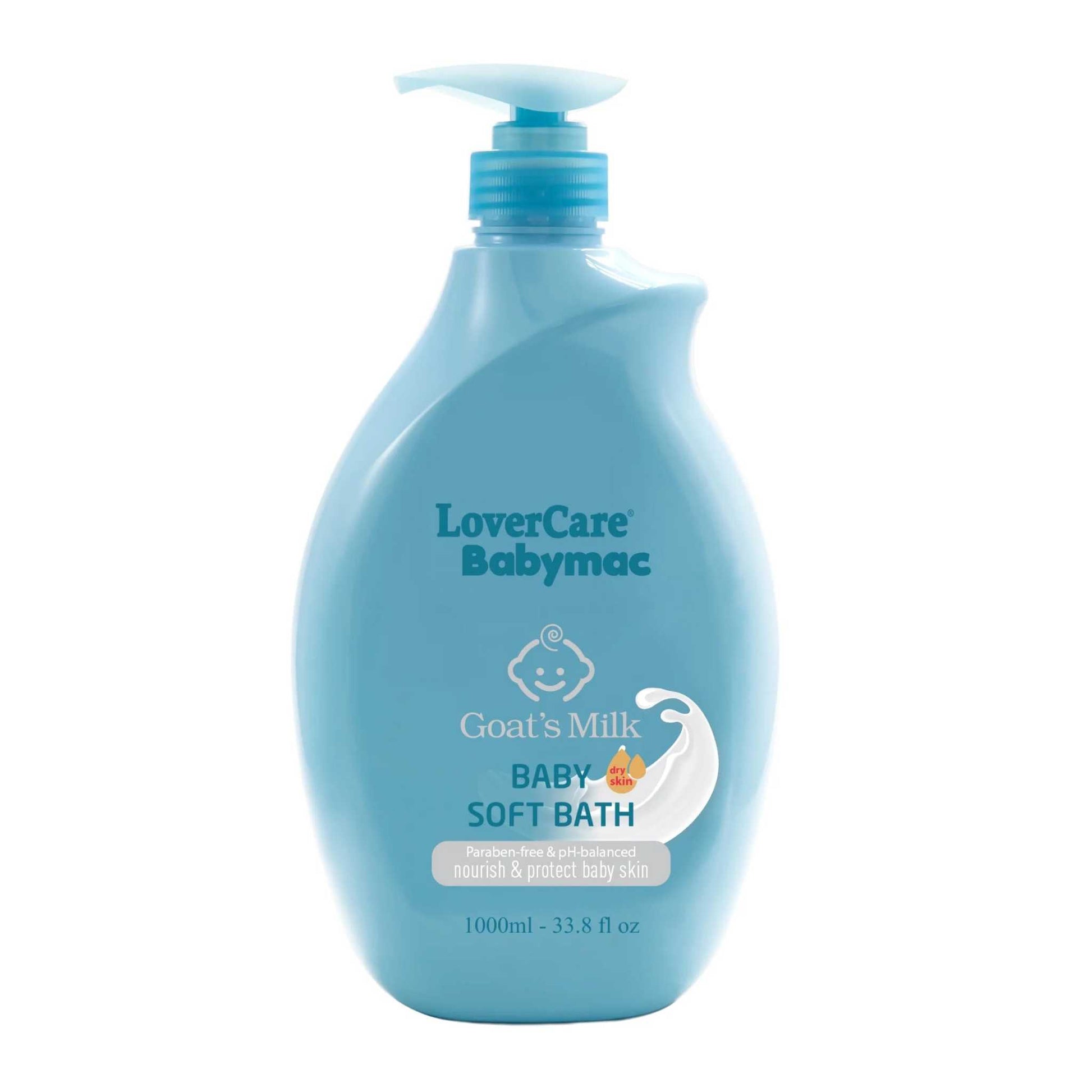 Blue bottle of LoverCare Babymac Goat's Milk Baby Soft Bath for nourishing and protecting baby skin