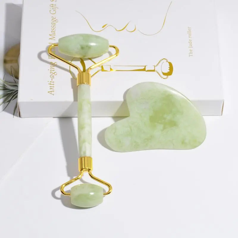 Jade Roller and Gua Sha Set made of natural jade for facial massage and skincare enhancement