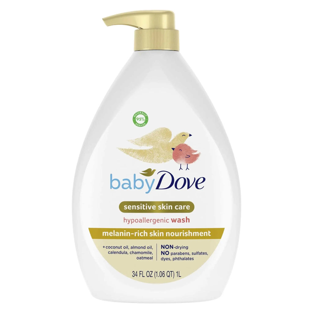 Baby Dove Sensitive Wash hypoallergenic gentle cleanser for melanin-rich sensitive baby skin with coconut, almond, chamomile oils, and 95% natural ingredients