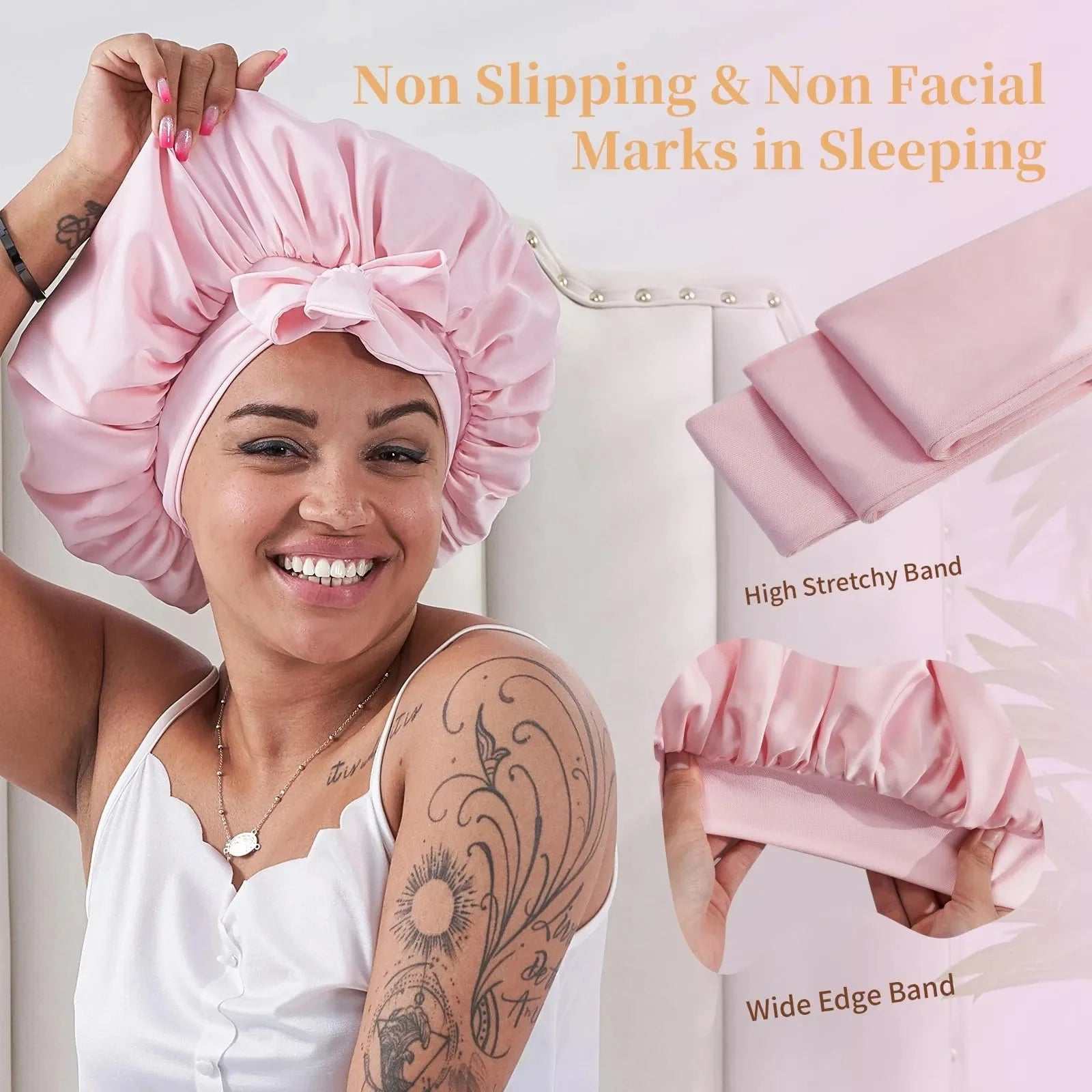 Silk Bonnet for Sleeping Women for Sleeping for Wavy Curly Natural Hair Women Men - Pink