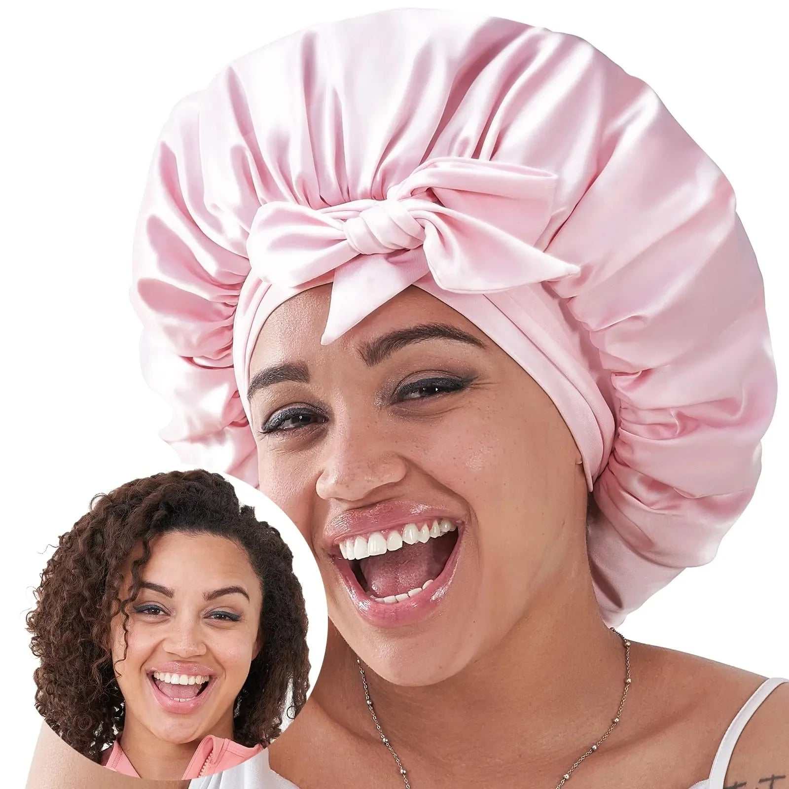 Silk Bonnet for Sleeping Women for Sleeping for Wavy Curly Natural Hair Women Men - Pink