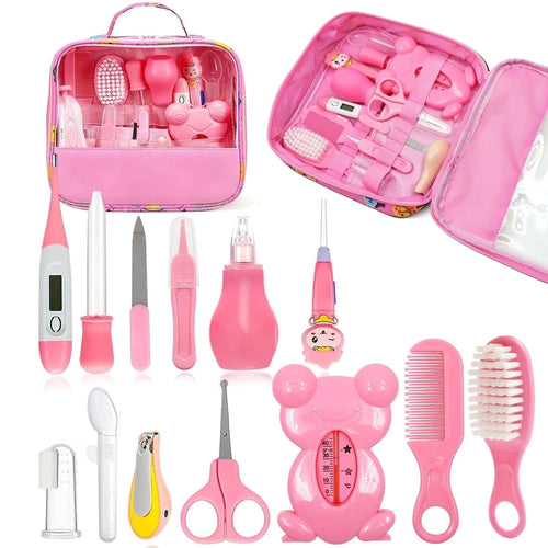 13-in-1 Baby Grooming Kit with pink safe tools for newborn hair, nails, teeth, and more in a compact portable case