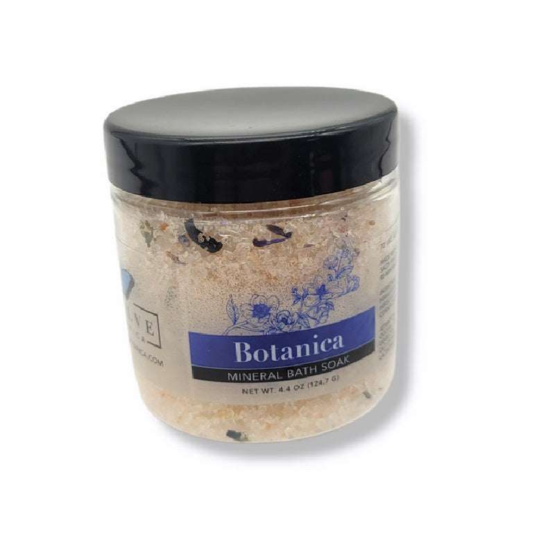 Botanica Bliss floral mineral soak jar with Himalayan pink, Dead Sea, and Pacific solar salts for relaxation