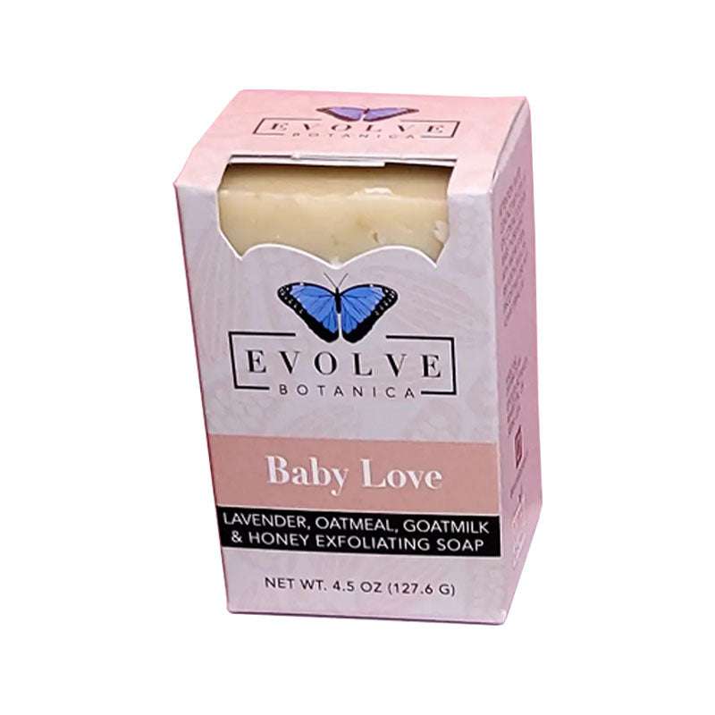 Specialty soap Baby Love goatmilk with lavender, oatmeal, and honey in pink Evolve Botanica packaging