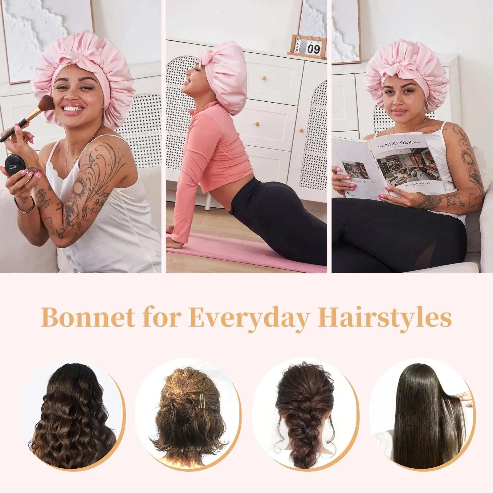 Silk Bonnet for Sleeping Women for Sleeping for Wavy Curly Natural Hair Women Men - Pink