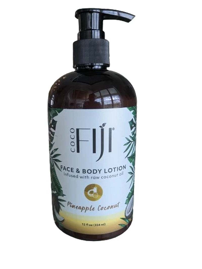 Bottle of Face & Body Coconut Lotion Pineapple Coconut with pump dispenser and tropical design label