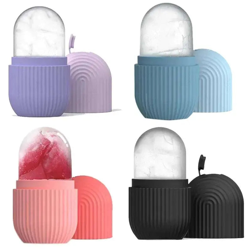 Set of colorful silicone ice rollers with textured grips and removable caps for skincare use