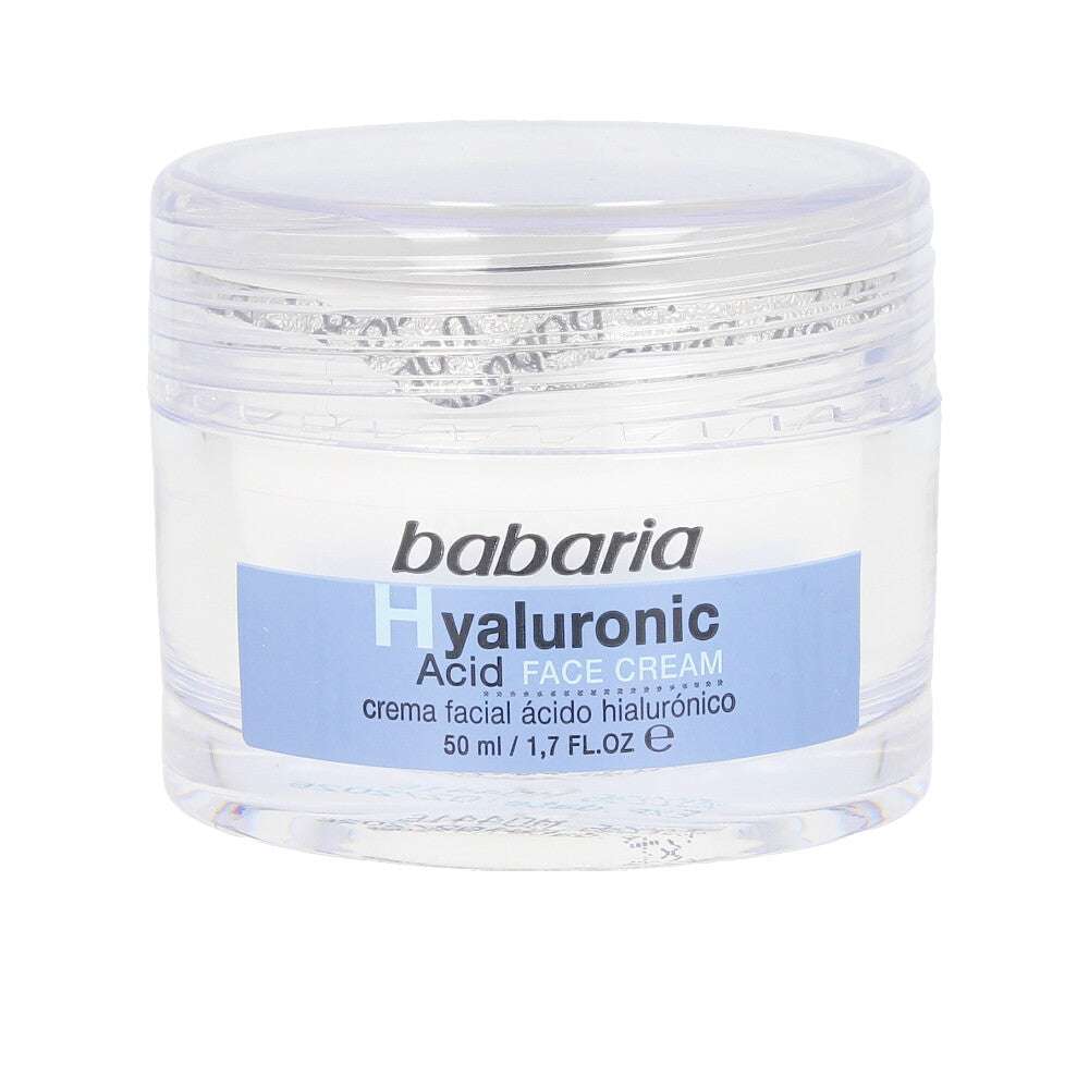 Babaria Hyaluronic Acid face cream in a 50ml clear jar for deep hydration and skin elasticity.